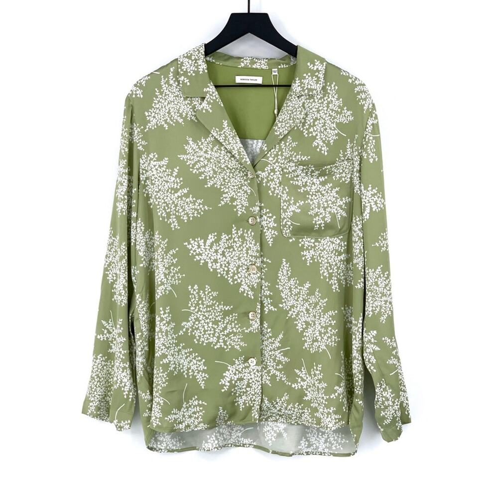 NWT REBECCA TAYLOR Arden Fern Button Down Pajama Shirt Green White L